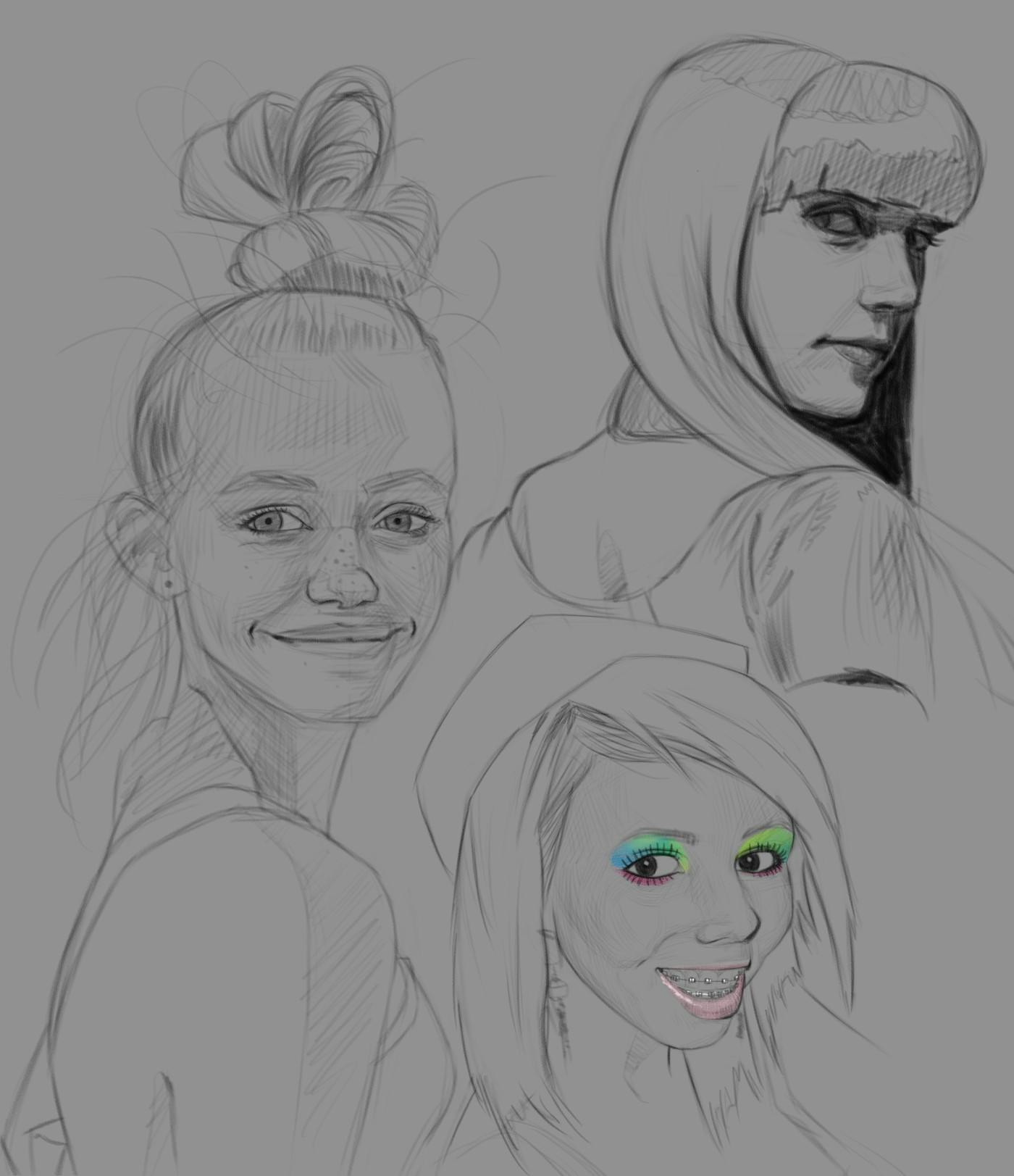 A digital sketch emulating graphite of three young women's faces, one of which has pale makeup coloured in.