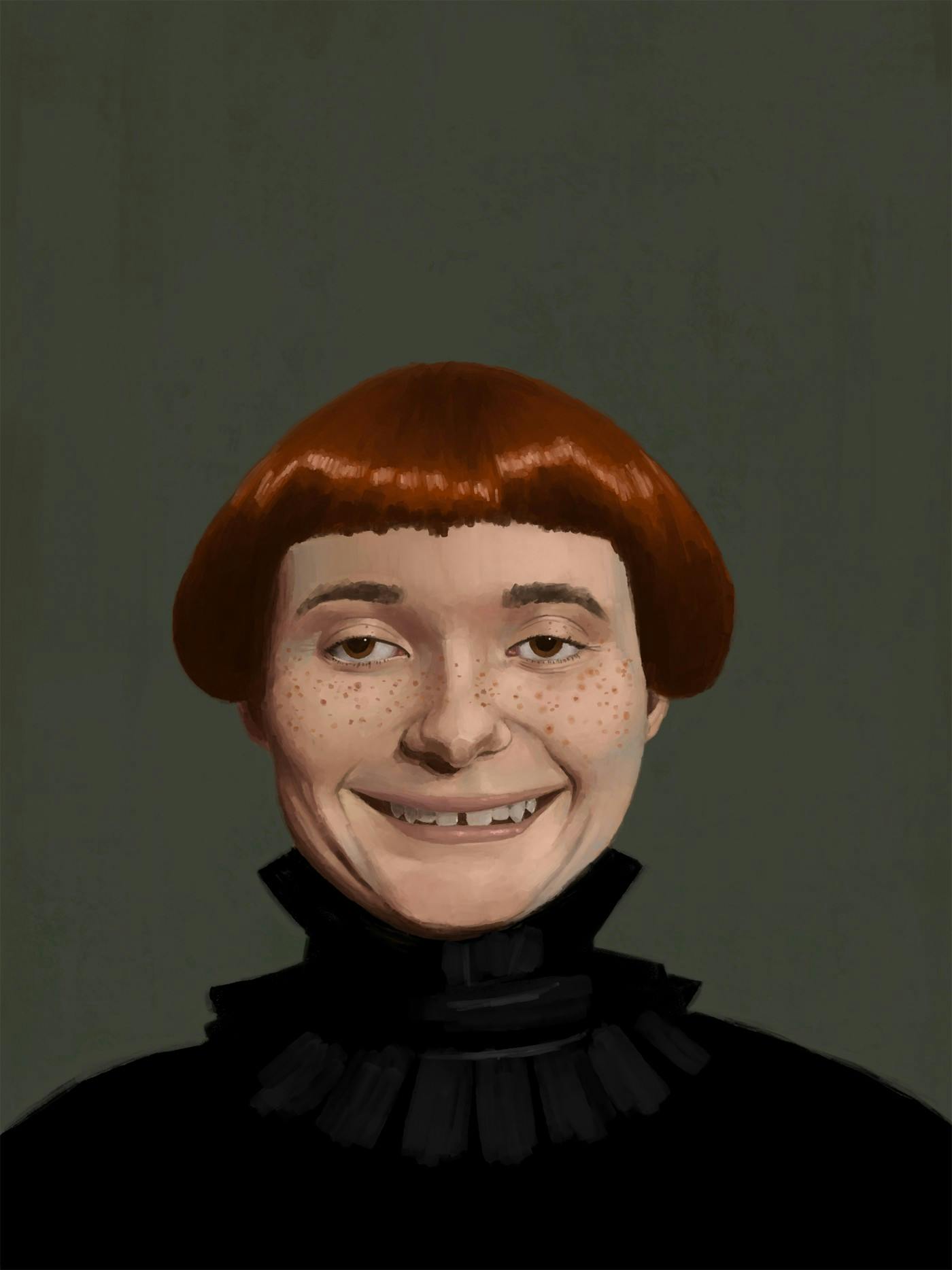 A realistic digital portrait in a painterly style depicting a young woman with short, bob-cut red hair, wearing a black dress with a Victorian style collar.