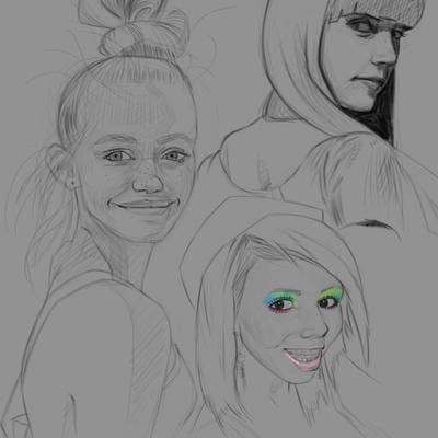A digital sketch emulating graphite of three young women's faces, one of which has pale makeup coloured in.