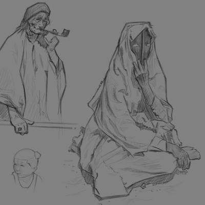 A digital sketch emulating graphite of several subjects; a statue of a cat, a fertility statue, a young girl's face, a bedouin man smoking a pipe and wearing a cloak, and a cloaked man holding a mask to his face sitting on the ground.