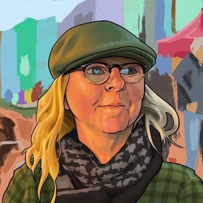 A colourful digital illustration of a woman looking to the right of the viewer, wearing a green hat, houndstooth scarf, and green checked coat.